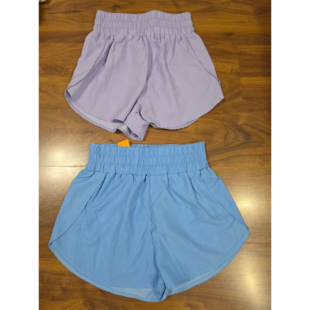 New SHEIN Running Shorts S Blue Purple 2-Pack Smocked High Waist Athletic Gym